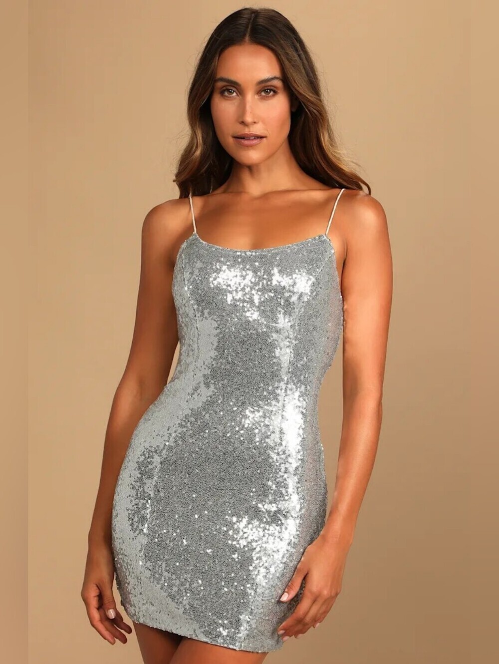 Lulus,Silver Sequin Spaghetti Strap ,Mini Dress,Size S